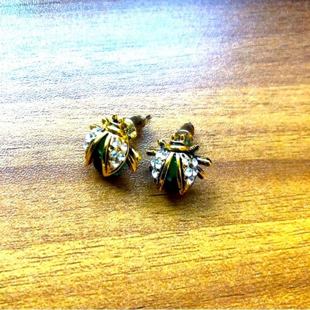 Gold and Green Beetle Earrings